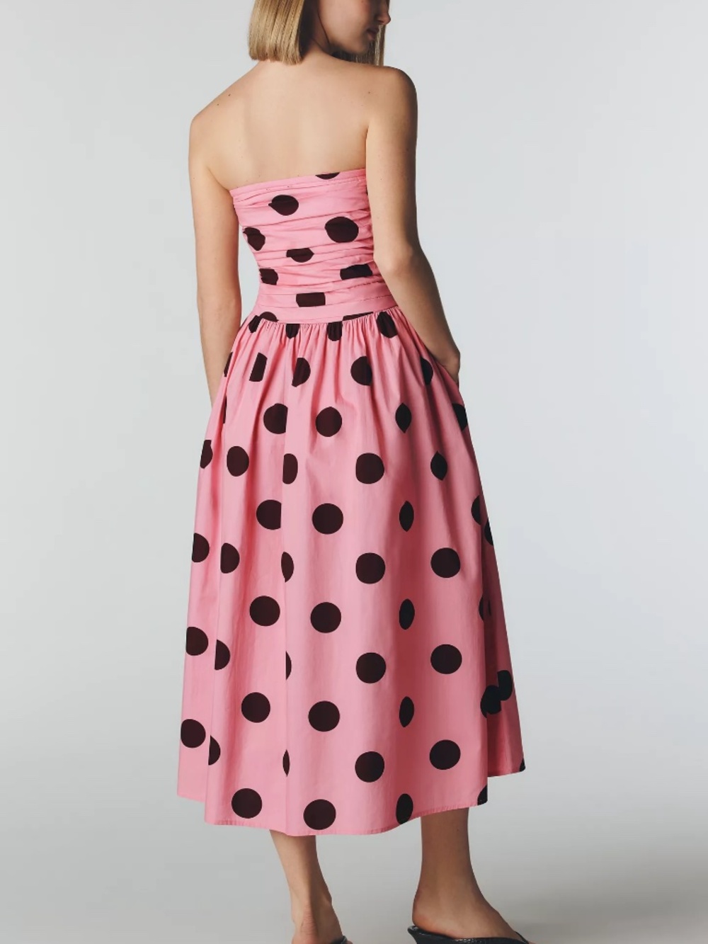 Anthropologie Nobody's Child Cotton Felicity Strapless Midi Dress Pink Polka Dot - Picture 3 of 4